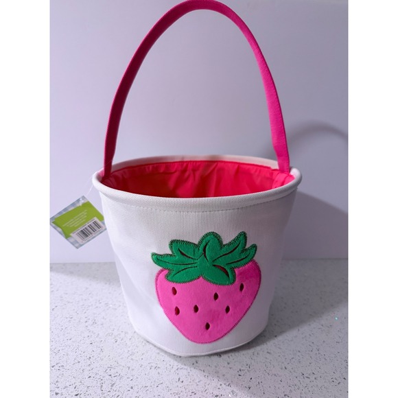 Dollar Tree Other - Strawberry Canvas Easter Bucket White Pink Fruit Applique Tote Bag New